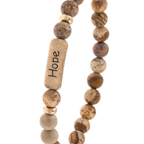 Etched "Hope" Inspirational Beaded Bracelet Stretch - Tan - Picture 1 of 8